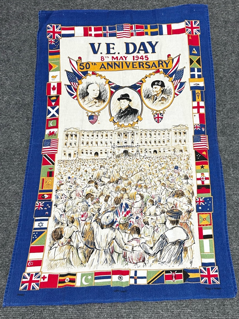 🟢 3/$25 - V.E. Day Commemorative Tea Towel - 1995 - 50th Anniversary